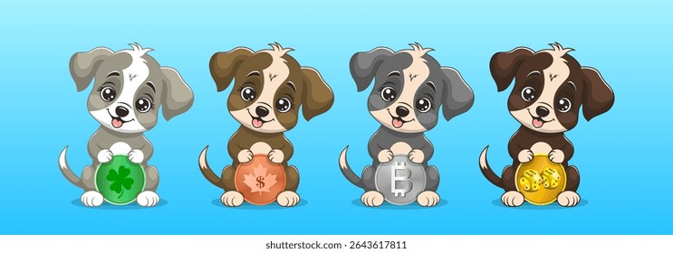 Vector collection of cartoon lucky sitting cute funny smiling puppies with coins. Green four-leaf clover, bronze Canadian dollar, silver bitcoin and gold dice. Set cuddly toon doggies stickers