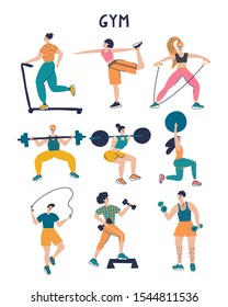 Vector collection with cartoon people in sportswear. Cute illustration of people doing exercise. Lifestyle infographics, mental and physical benefits of practice.