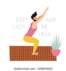 Vector collection with cartoon people in yoga position and meditate. Cute illustration of people doing exercise. Lifestyle infographics, mental and physical benefits of practice.