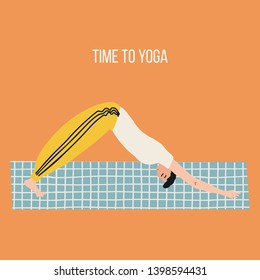 Vector collection with cartoon people in yoga position and meditate. Cute illustration of people doing exercise. Lifestyle infographics, mental and physical benefits of practice.