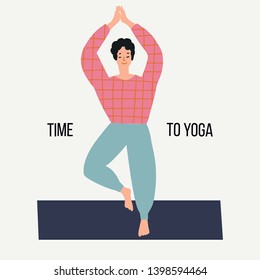 Vector collection with cartoon people in yoga position and meditate. Cute illustration of people doing exercise. Lifestyle infographics, mental and physical benefits of practice.
