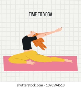 Vector collection with cartoon people in yoga position and meditate. Cute illustration of people doing exercise. Lifestyle infographics, mental and physical benefits of practice.