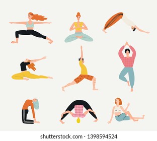 Vector collection with cartoon people in yoga position and meditate. Cute illustration of people doing exercise. Lifestyle infographics, mental and physical benefits of practice.