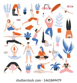 Vector collection with cartoon people in yoga position and meditate. Cute illustration of people doing exercise. Lifestyle infographics, mental and physical benefits of practice.