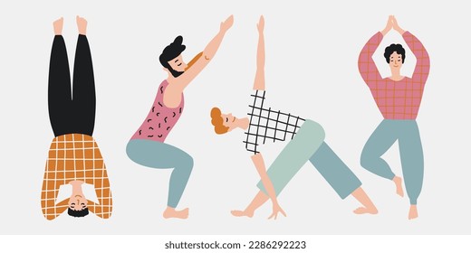 Vector collection with cartoon people in yoga position and meditate. Cute illustration of people doing exercise. Lifestyle infographics, mental and physical benefits of practice.