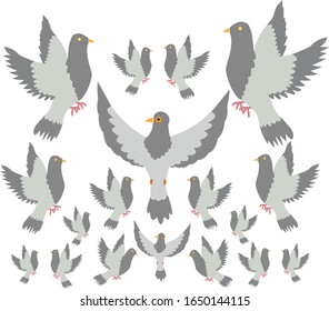 Kollektion von Cartoon-Tauben aus der Vektorillustration. Illustration von Vogeltieren, Taube mit Flügeln im Flug