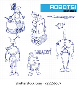 Vector collection of cartoon retro robots. Set with sketch doodles on paper.