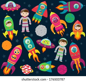 Vector Collection of Cartoon Rocketships, Aliens, Robots, Astronauts and Planets