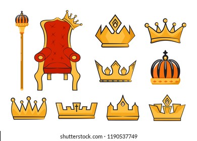 Vector collection of cartoon scepter, king throne and crowns