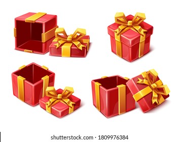 vector collection cartoon style red celebration boxes with golden ribbons open and closed isolated on white background.