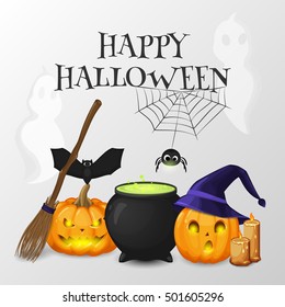 Vector collection of cartoon symbols for design Happy Halloween flyer and poster. Set of icon (pumpkins, witch's hat, cauldron, bat, cobweb, spider, candle, broom).  Isolated from a background.