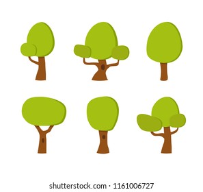 Vector collection of cartoon trees, landscape elements for park design, forest. Trunks with foliage, eco objects of environment.