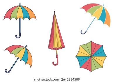 Vector collection of cartoon umbrellas with decorative patterns and soft colors, creative weather-themed icons for seamless backgrounds, rain gear illustrations for kids, prints, and fabric

