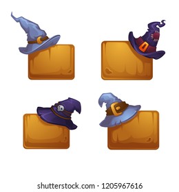 Vector Collection Of Cartoon Witch Hats on Wood Desk Banners For Your Halloween Design