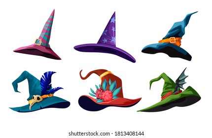 Vector Collection Of Cartoon Witch Hats For Your Halloween Design. Illustration with different types of magic hats