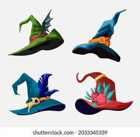 Vector Collection Of Cartoon Witch Hats For Your Halloween Design. Illustration with different types of magic hats