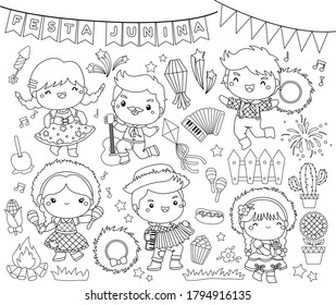 vector collection of the celebration of Festa Junina festival in black and white colour