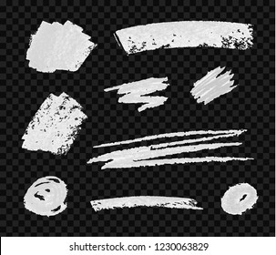 Vector Collection of Chalk Brushes, White Textured Elements Isolated on Dark Transparent Background.