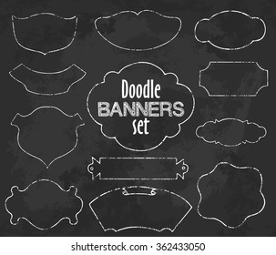 Vector Collection of Chalk contour Style Banners, Ribbons and Frames on black grunge background, set number one