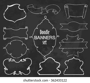 Vector Collection of Chalk contour Style Banners, Ribbons and Frames on black grunge background, set number two