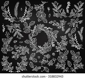 Vector Collection of Chalkboard Autumn and Thanksgiving Themed Floral Elements or Laurels