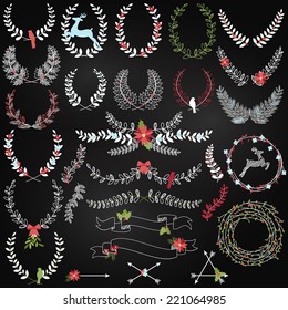 Vector Collection of Chalkboard Christmas Holiday Themed Laurels and Wreaths