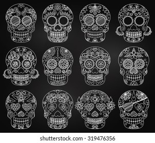 Vector Collection of Chalkboard Day of the Dead Skulls or Sugar Skulls