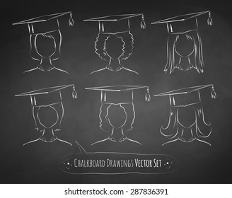 Vector collection of chalkboard drawings of students wearing graduation cap.