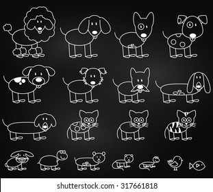 Vector Collection of Chalkboard Style Stick Figure Pets