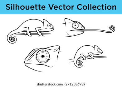 Una colección de Vector de siluetas camaleónicas, con ilustraciones detalladas de arte lineal de varias poses y primeros planos para el diseño.