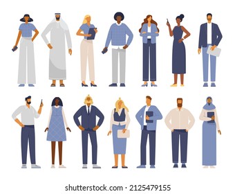 Vector collection of characters in business style. Diverse men and women in full growth in business clothes. Flat design illustration, isolated on white background. 