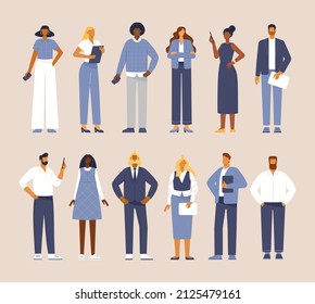 Colección vectorial de caracteres en estilo de negocio. Hombres y mujeres de edad completa en equipo de negocios. Ilustración de diseño plano, aislada. 