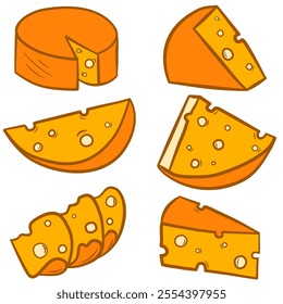 vector collection of cheese slice illustrations. Various types of cheese.  Cheese flat icon. Fresh parmesan or cheddar.