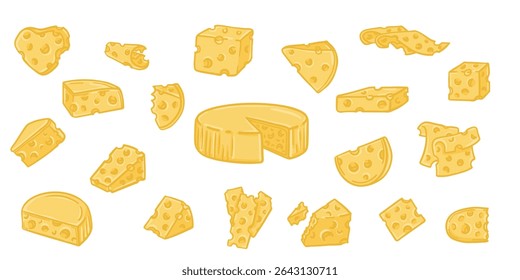 Vector collection of cheese slice illustrations. Hand-drawn doodle style with wedges, blocks, and melted pieces. Perfect for food design, menus, packaging. EPS