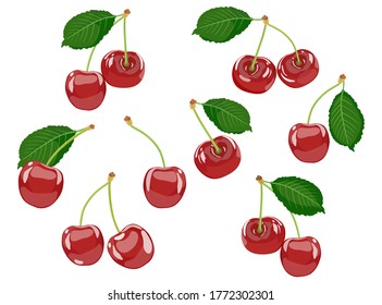 Vector collection of cherries with leaves and clusters on a white background. Red berry.