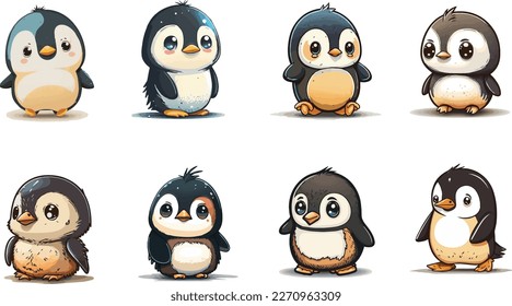 Vector collection of chibi penguins for kids cartoon. Penguin vector bundle