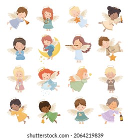 Vector collection of children angels. Cute cartoon Christmas characters.