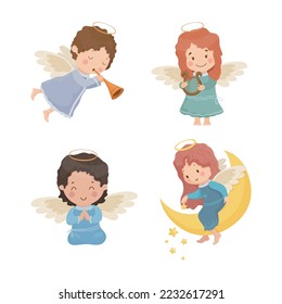 Vector collection of children angels. Cute cartoon Christmas characters.