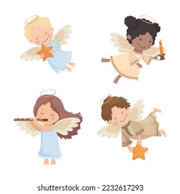 Vector collection of children angels. Cute cartoon Christmas characters.