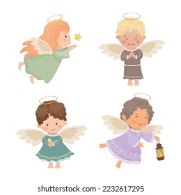 Vector collection of children angels. Cute cartoon Christmas characters.