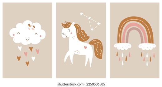 Vector collection of children's wall art. Cute hand drawn design with cloud, rainbow and unicorn in boho style for kids room decoration and textile.