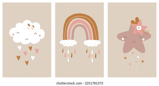Vector collection of children's wall art. Cute hand drawn design with cloud, rainbow and star in boho style for nursery decoration and textile.