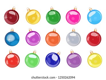 Vector collection of Christmas balls in different colorful colors. Bright holiday decorations.