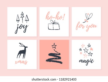 Vector collection of christmas cards, gift tags & badges isolated on light background. Emblems for xmas holiday presents packaging in hand drawn sketch style. Fir tree, deer, gift box, star, lettering