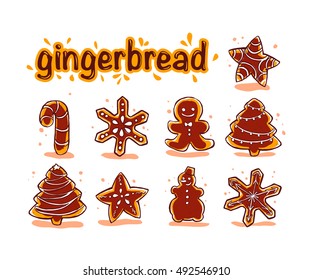 Vector collection of christmas chocolate hand drawn ginger beard isolated on white background. Cartoon style. Good for xmas and New Year gift, present packaging, pattern, ornament, decoration design.
