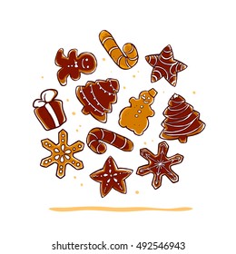 Vector collection of christmas chocolate hand drawn ginger beard isolated on white background. Cartoon style. Good for xmas and New Year gift, present packaging, pattern, ornament, decoration design.