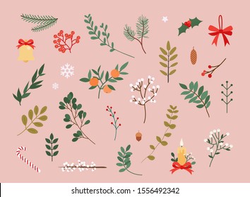 Vector collection of christmas decor elements for cards or posters. Flat design modern vector illustration concept.