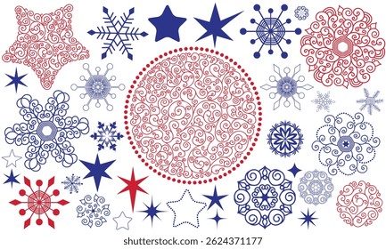 Vector colección de Navidades diseñador dibujado a mano Elementos - copos de nieve azul y rojo monocromo y bolas de encaje y estrellas aisladas sobre fondo transparente