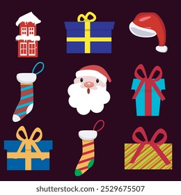 Vector collection of Christmas elements for design. with Christmas trees, gifts, socks, Santa Claus hats. Cute elements in illustration flat style.