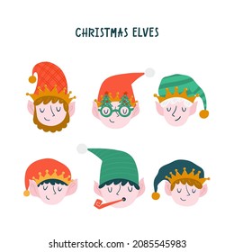 Vector collection with  Christmas elves head isolated on white background. Santa's helpers 